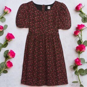 Gap Black and Red Floral Corduroy Puff Sleeve Summer Holiday Dress‎ Girl’s XL